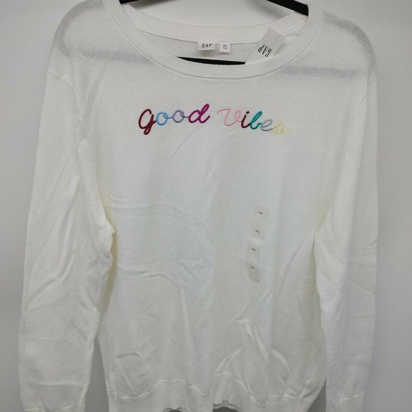 GAP good vibes tan pullover  embroidered statement #328 - Picture 1 of 3